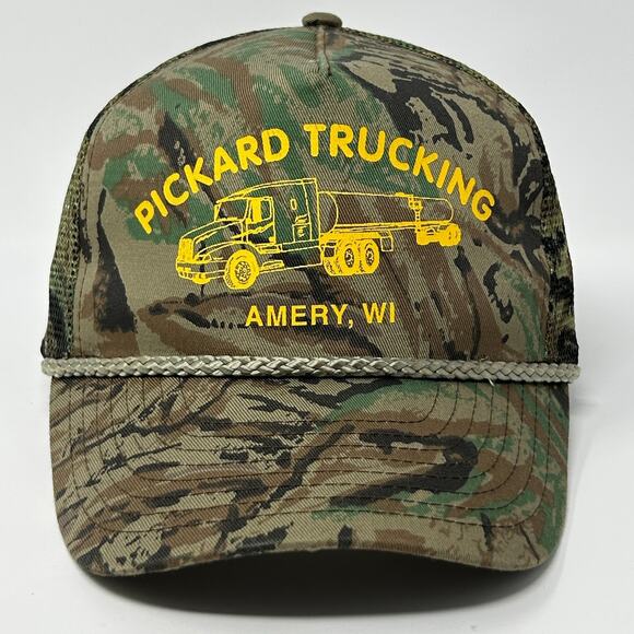 Vintage 90s Pickard Trucking Trucker Hat Baseball Cap Camo Mesh Snapback Green - Picture 1 of 9